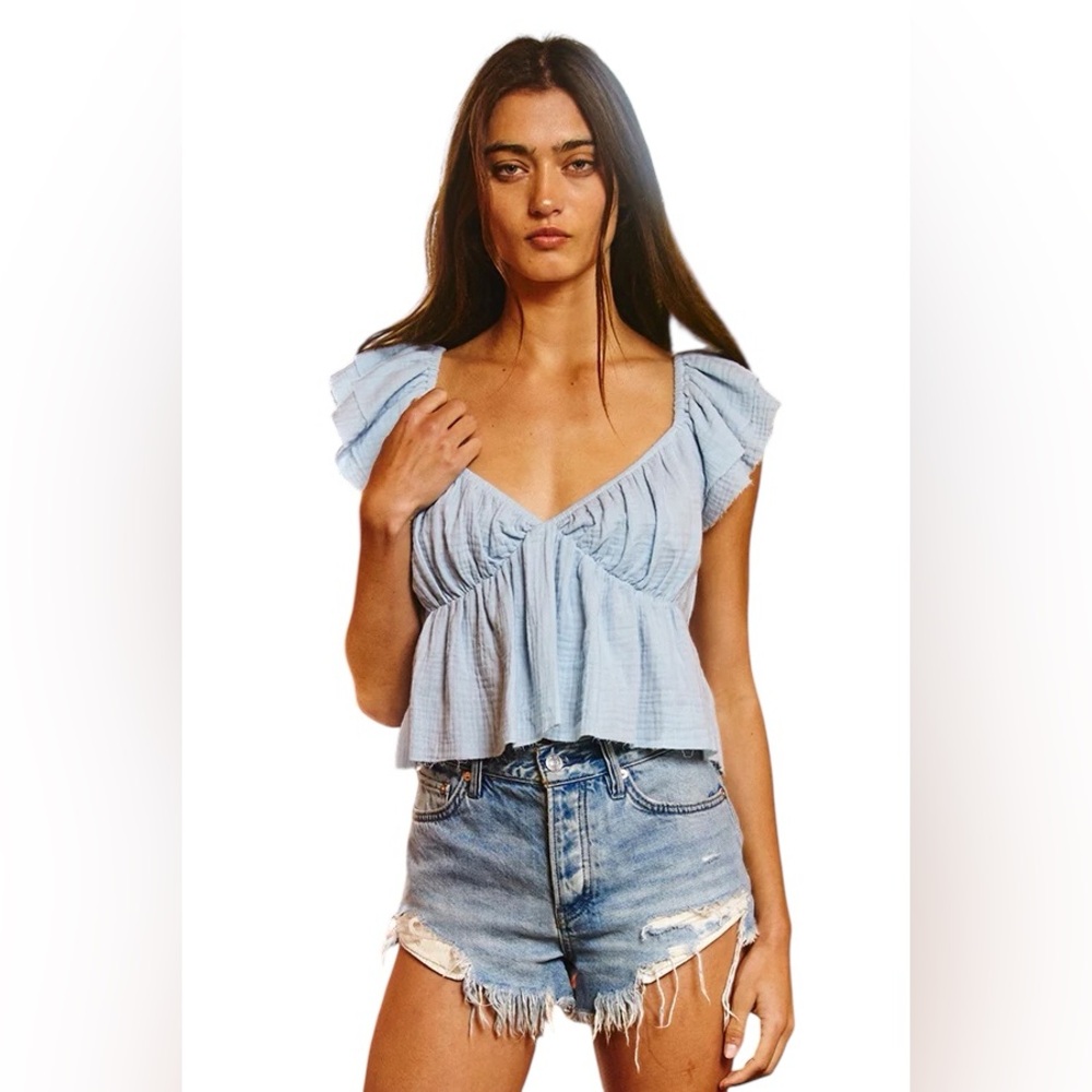 Bucket List Light Blue Gauze Peplum Ruffle Sleeve Cottagecore Top Size XS/S